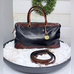 Brahmin Black and Brown Satchel- call out on inside zipper -